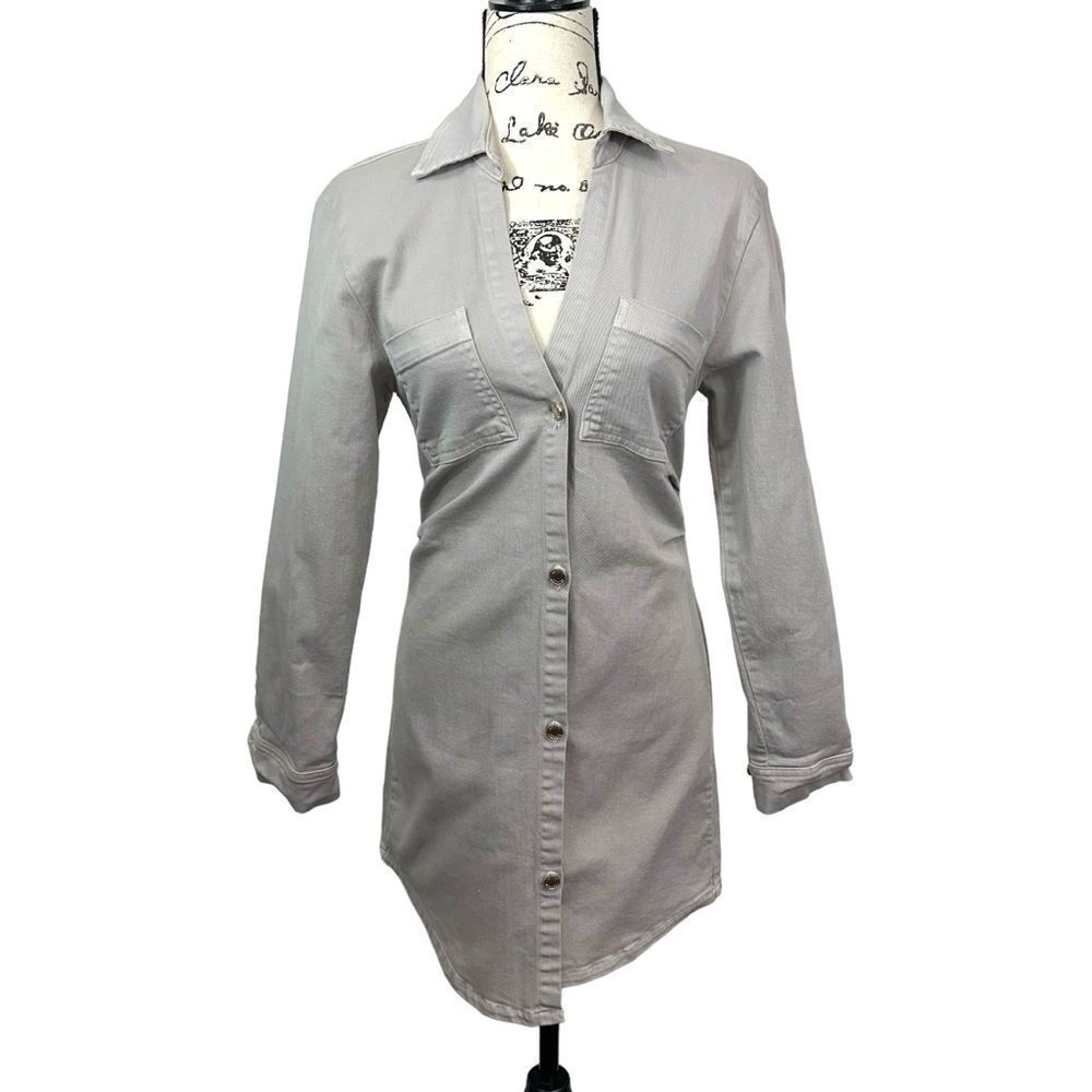 NWT Le‎ Jean Eliza Denim Taupe Mini Shirt Dress, XS - Picture 3 of 13